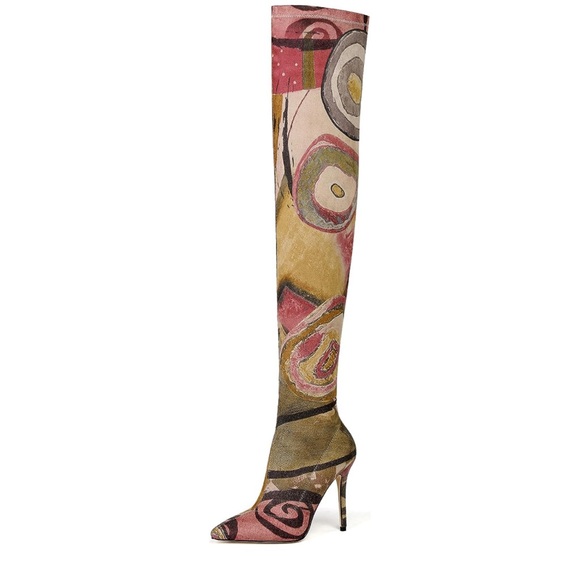 Women's Sexy Printed Stretchy Thigh High Pointy Toe Stiletto Boots - Picture 2 of 6